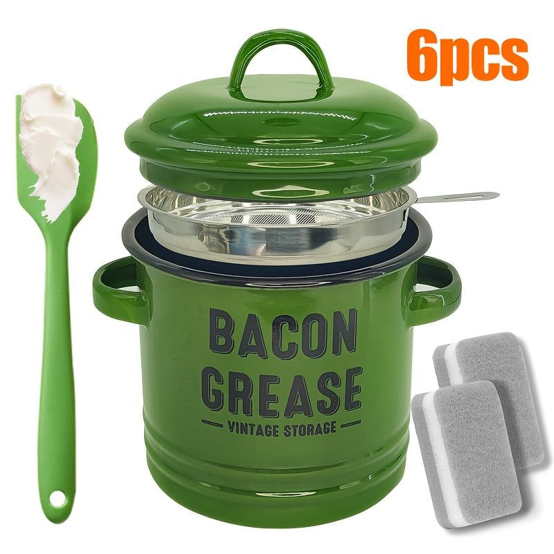 46Oz Bacon Grease Container with Strainer- Large Enamel Grease Saver, Functional Farmhouse Bacon Oil Keeper for Kitchen Storage, Dishwasher Safe,Multifunctional,Reusable Silicone Spatula