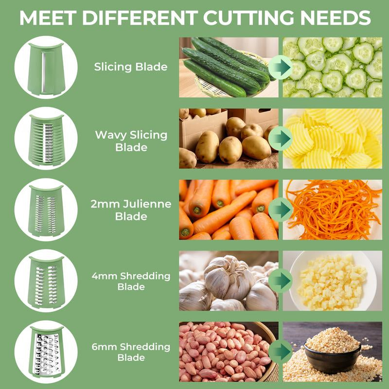 SUSTEAS Rotary Cheese & Vegetable Chopper with 5 Blades, Suction Cup Base, Handle, and Bonus Blade Organizer for Kitchen, Food Slicer & Chopper Utensils