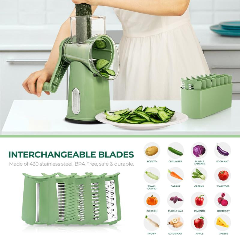 SUSTEAS Rotary Cheese & Vegetable Chopper with 5 Blades, Suction Cup Base, Handle, and Bonus Blade Organizer for Kitchen, Food Slicer & Chopper Utensils
