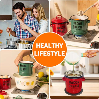 46Oz Bacon Grease Container with Strainer- Large Enamel Grease Saver, Functional Farmhouse Bacon Oil Keeper for Kitchen Storage, Dishwasher Safe,Multifunctional,Reusable Silicone Spatula