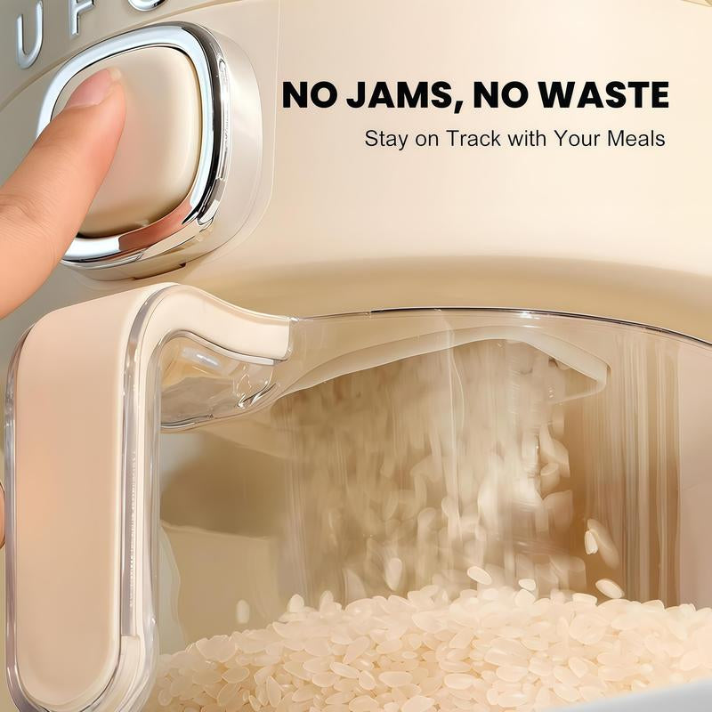 UFORU 22Lbs Rice Dispenser Airtight Food Storage Container for Rice Coffee Beans Cereals Bpa-Free Moisture Proof Kitchen Container Cream White Desiccants Utensils Large Capacity One-Touch Dispensing
