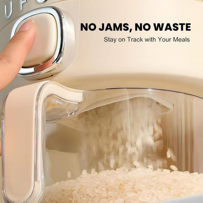 UFORU 22Lbs Rice Dispenser Airtight Food Storage Container for Rice Coffee Beans Cereals Bpa-Free Moisture Proof Kitchen Container Cream White Desiccants Utensils Large Capacity One-Touch Dispensing