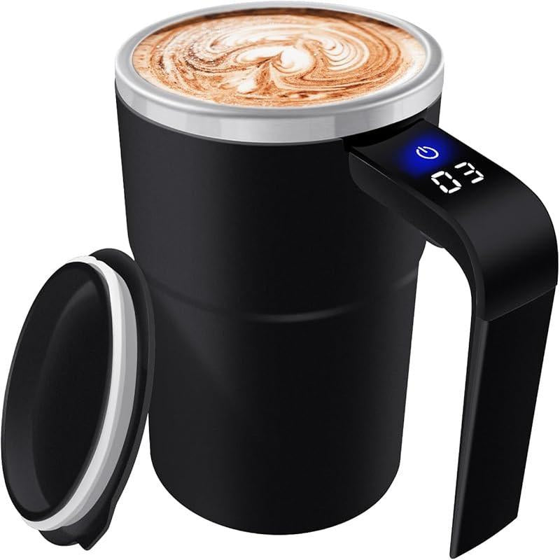 13 OZ Automatic Stirring Coffee Cup, Coffee Cup with Magnetic Capsule, with Temperature Display Function, Suitable for Coffee, Beverages, Hot Cocoa, Coffee Bar Drinkware, Reusable USB Rechargeable Cup Travel Mug Reusable Black Coffee