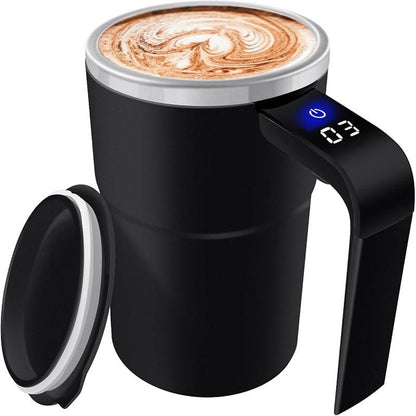 13 OZ Automatic Stirring Coffee Cup, Coffee Cup with Magnetic Capsule, with Temperature Display Function, Suitable for Coffee, Beverages, Hot Cocoa, Coffee Bar Drinkware, Reusable USB Rechargeable Cup Travel Mug Reusable Black Coffee