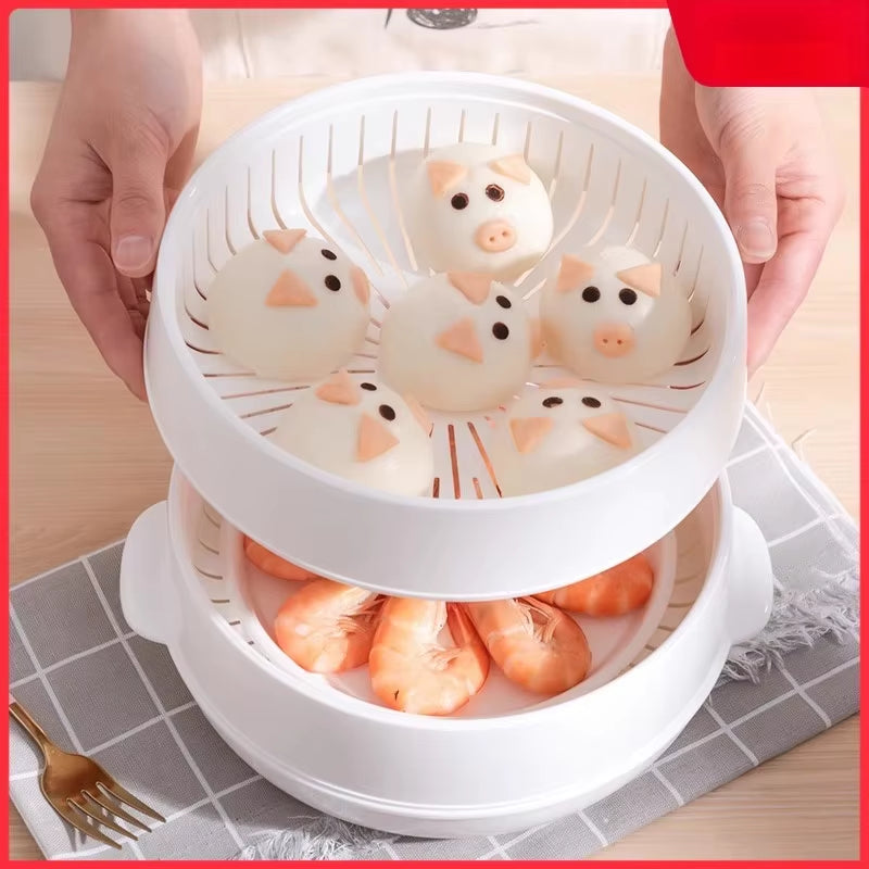 Home Multichamber Steamed Bun Steamer Thickened Food Contact Grade Material Steam Box for Microwave Oven
