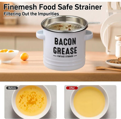 46Oz Bacon Grease Container with Strainer- Large Enamel Grease Saver, Functional Farmhouse Bacon Oil Keeper for Kitchen Storage, Dishwasher Safe,Multifunctional,Reusable Silicone Spatula