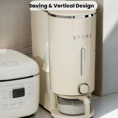 UFORU 22Lbs Rice Dispenser Airtight Food Storage Container for Rice Coffee Beans Cereals Bpa-Free Moisture Proof Kitchen Container Cream White Desiccants Utensils Large Capacity One-Touch Dispensing