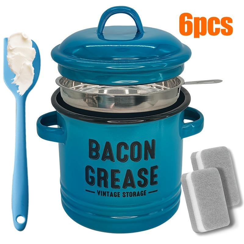 46Oz Bacon Grease Container with Strainer- Large Enamel Grease Saver, Functional Farmhouse Bacon Oil Keeper for Kitchen Storage, Dishwasher Safe,Multifunctional,Reusable Silicone Spatula
