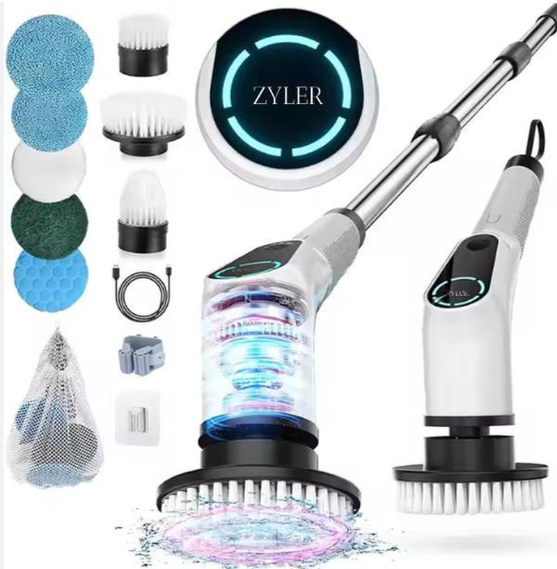 Silver Cordless Rechargeable Electric Scrubber with Long Handle and 7 Cleaning Attachments