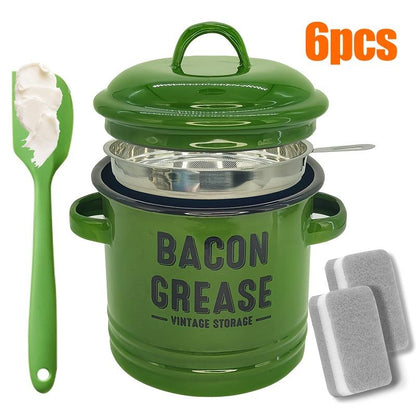 46Oz Bacon Grease Container with Strainer- Large Enamel Grease Saver, Functional Farmhouse Bacon Oil Keeper for Kitchen Storage, Dishwasher Safe,Multifunctional,Reusable Silicone Spatula
