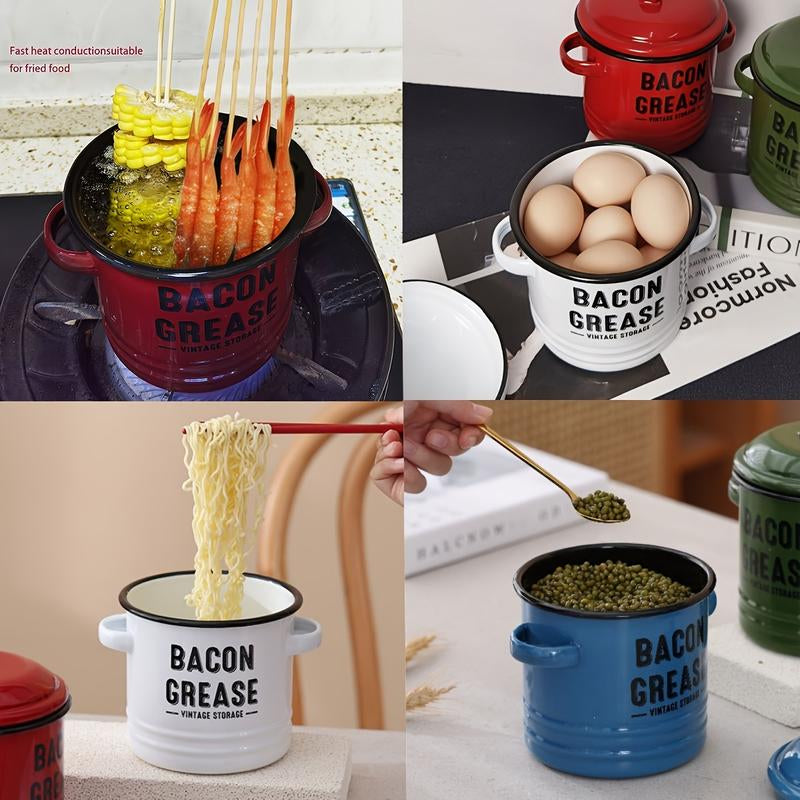 46Oz Bacon Grease Container with Strainer- Large Enamel Grease Saver, Functional Farmhouse Bacon Oil Keeper for Kitchen Storage, Dishwasher Safe,Multifunctional,Reusable Silicone Spatula