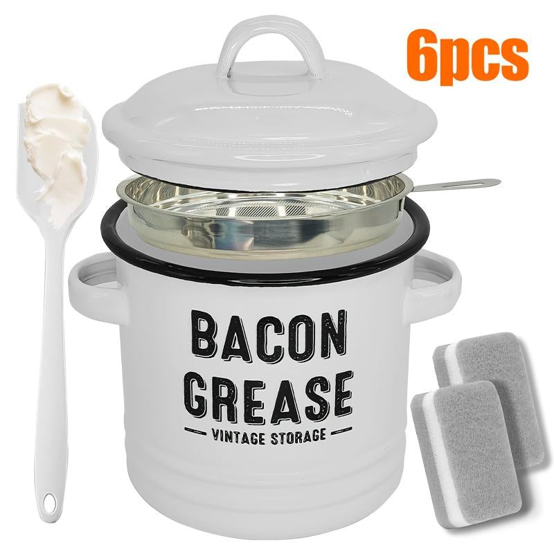 46Oz Bacon Grease Container with Strainer- Large Enamel Grease Saver, Functional Farmhouse Bacon Oil Keeper for Kitchen Storage, Dishwasher Safe,Multifunctional,Reusable Silicone Spatula