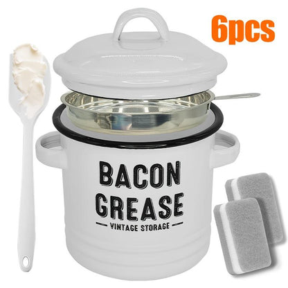 46Oz Bacon Grease Container with Strainer- Large Enamel Grease Saver, Functional Farmhouse Bacon Oil Keeper for Kitchen Storage, Dishwasher Safe,Multifunctional,Reusable Silicone Spatula