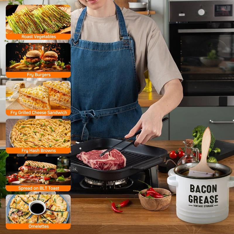 46Oz Bacon Grease Container with Strainer- Large Enamel Grease Saver, Functional Farmhouse Bacon Oil Keeper for Kitchen Storage, Dishwasher Safe,Multifunctional,Reusable Silicone Spatula