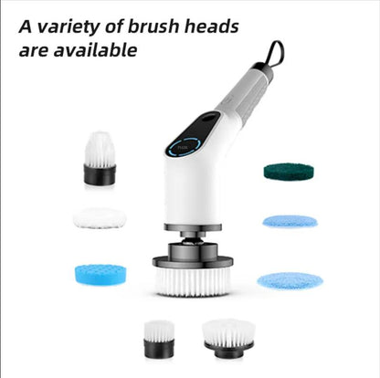 Silver Cordless Rechargeable Electric Scrubber with Long Handle and 7 Cleaning Attachments