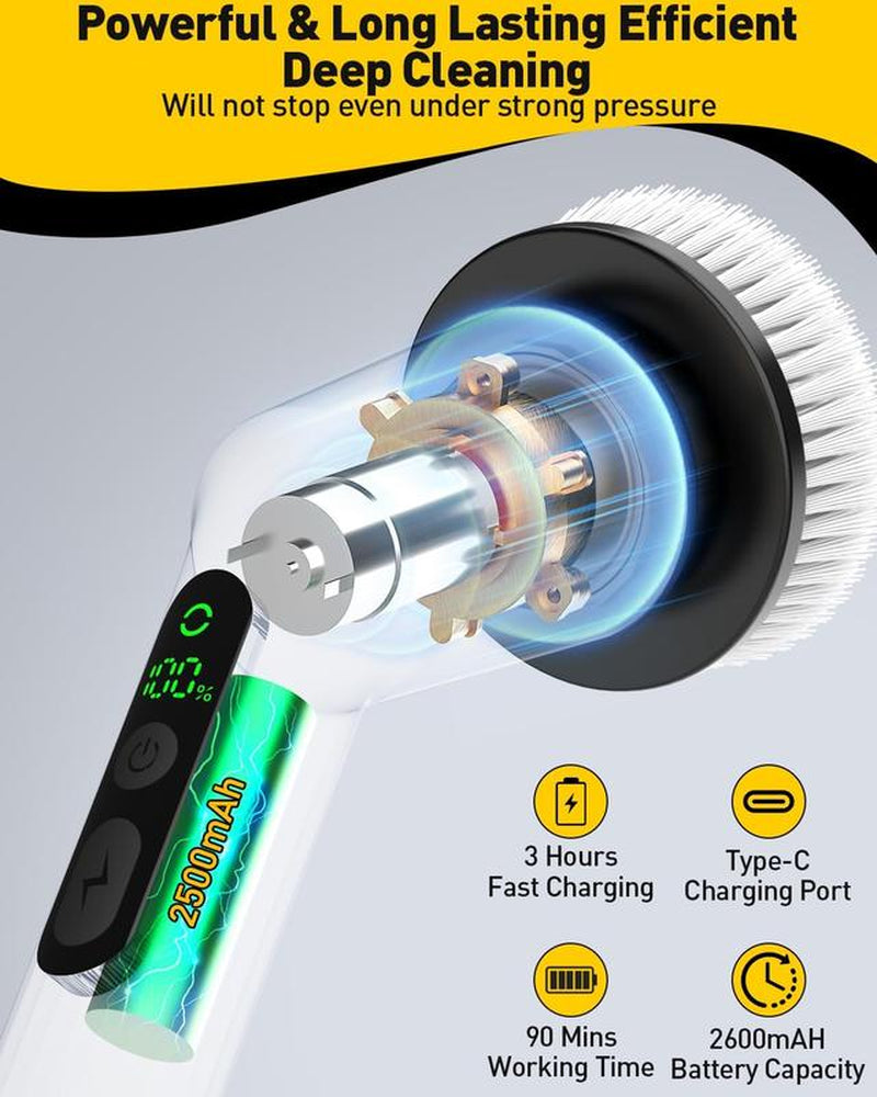 Silver Cordless Rechargeable Electric Scrubber with Long Handle and 7 Cleaning Attachments
