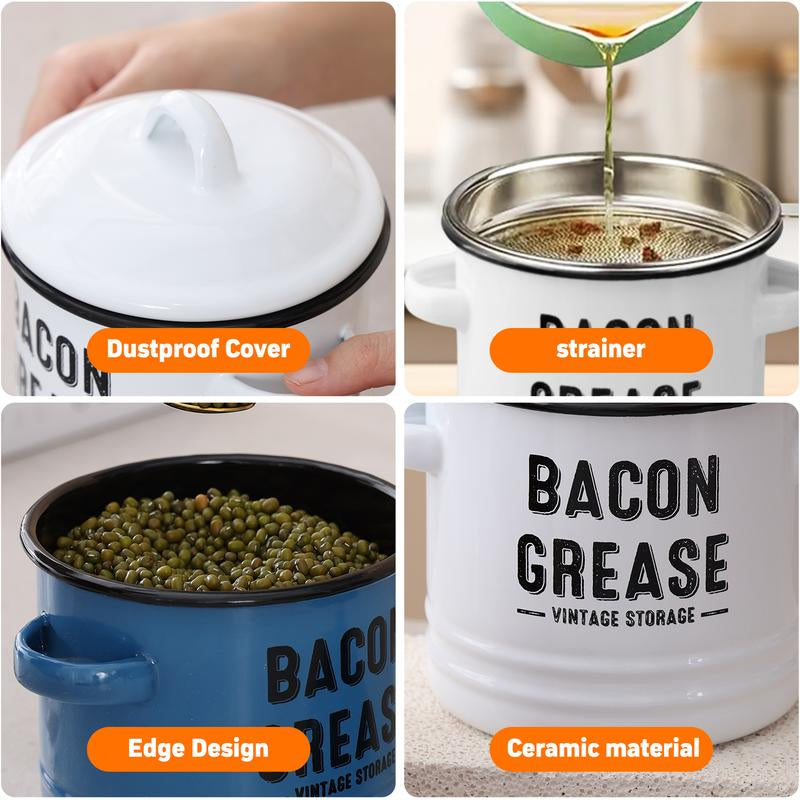 46Oz Bacon Grease Container with Strainer- Large Enamel Grease Saver, Functional Farmhouse Bacon Oil Keeper for Kitchen Storage, Dishwasher Safe,Multifunctional,Reusable Silicone Spatula