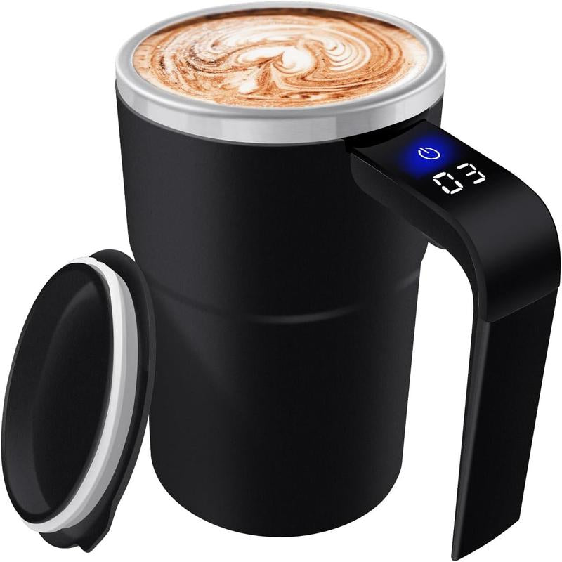 13 OZ Automatic Stirring Coffee Cup, Coffee Cup with Magnetic Capsule, with Temperature Display Function, Suitable for Coffee, Beverages, Hot Cocoa, Coffee Bar Drinkware, Reusable USB Rechargeable Cup Travel Mug Reusable Black Coffee