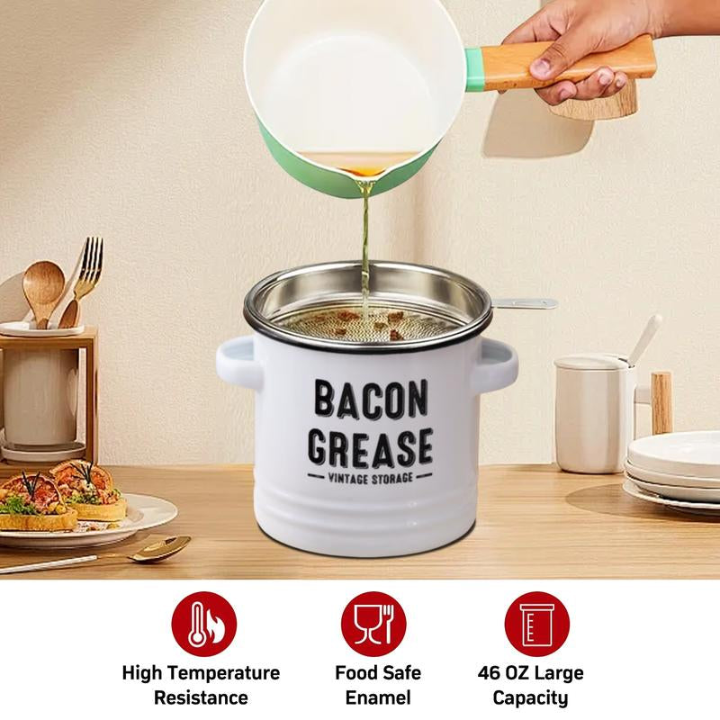 46Oz Bacon Grease Container with Strainer- Large Enamel Grease Saver, Functional Farmhouse Bacon Oil Keeper for Kitchen Storage, Dishwasher Safe,Multifunctional,Reusable Silicone Spatula
