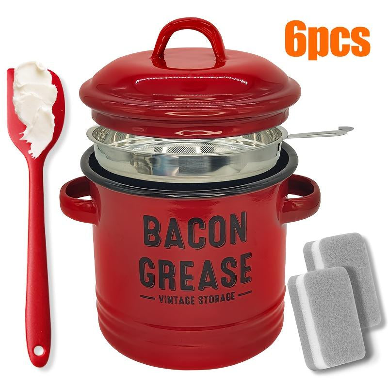 46Oz Bacon Grease Container with Strainer- Large Enamel Grease Saver, Functional Farmhouse Bacon Oil Keeper for Kitchen Storage, Dishwasher Safe,Multifunctional,Reusable Silicone Spatula