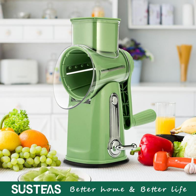 SUSTEAS Rotary Cheese & Vegetable Chopper with 5 Blades, Suction Cup Base, Handle, and Bonus Blade Organizer for Kitchen, Food Slicer & Chopper Utensils